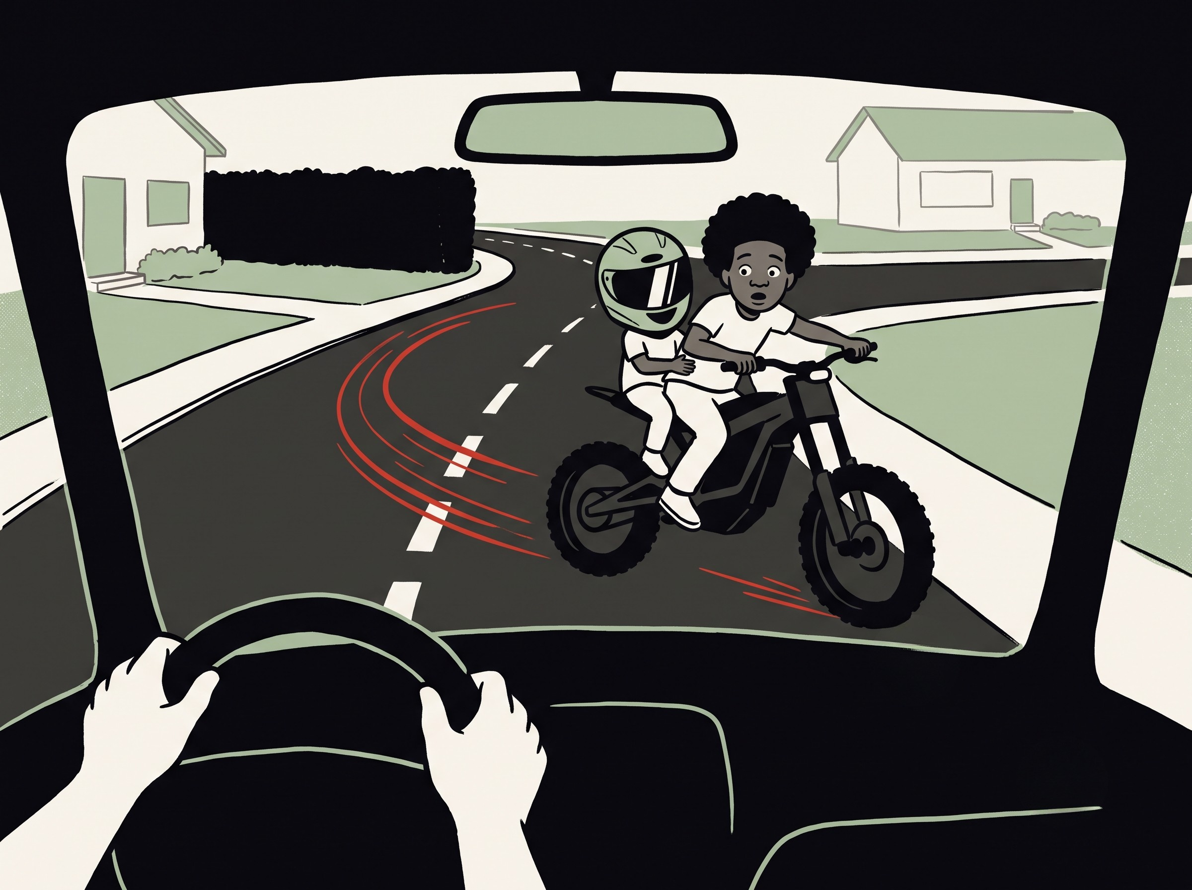 Cartoon of two very young kids doubled on one dirt bike — one hidden in an oversized helmet — swinging wide across the centerline while a car cutting a sharp left converges on the same spot