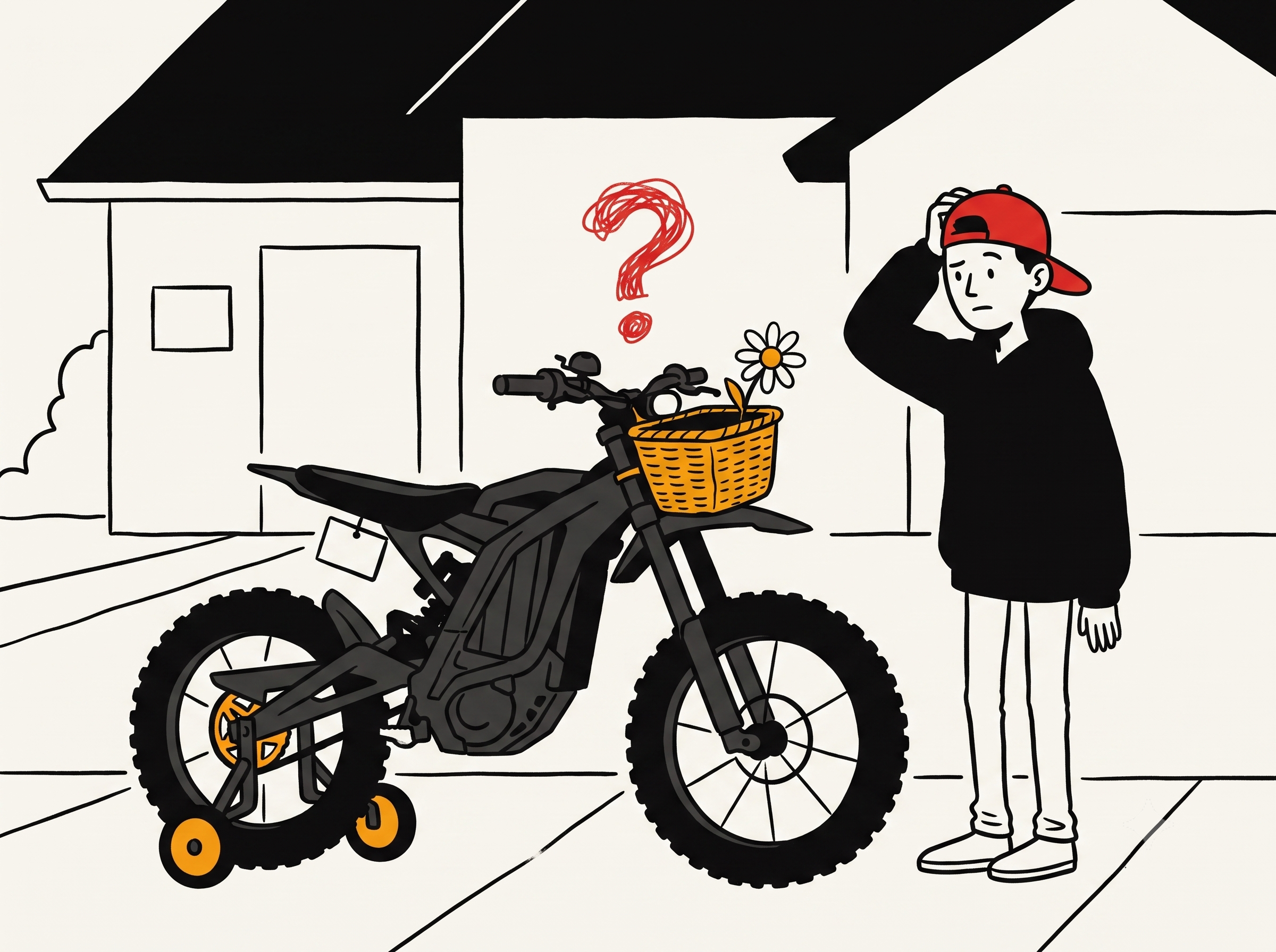 Cartoon of an electric motorcycle dressed up as a bicycle with a bell, basket, and training wheels