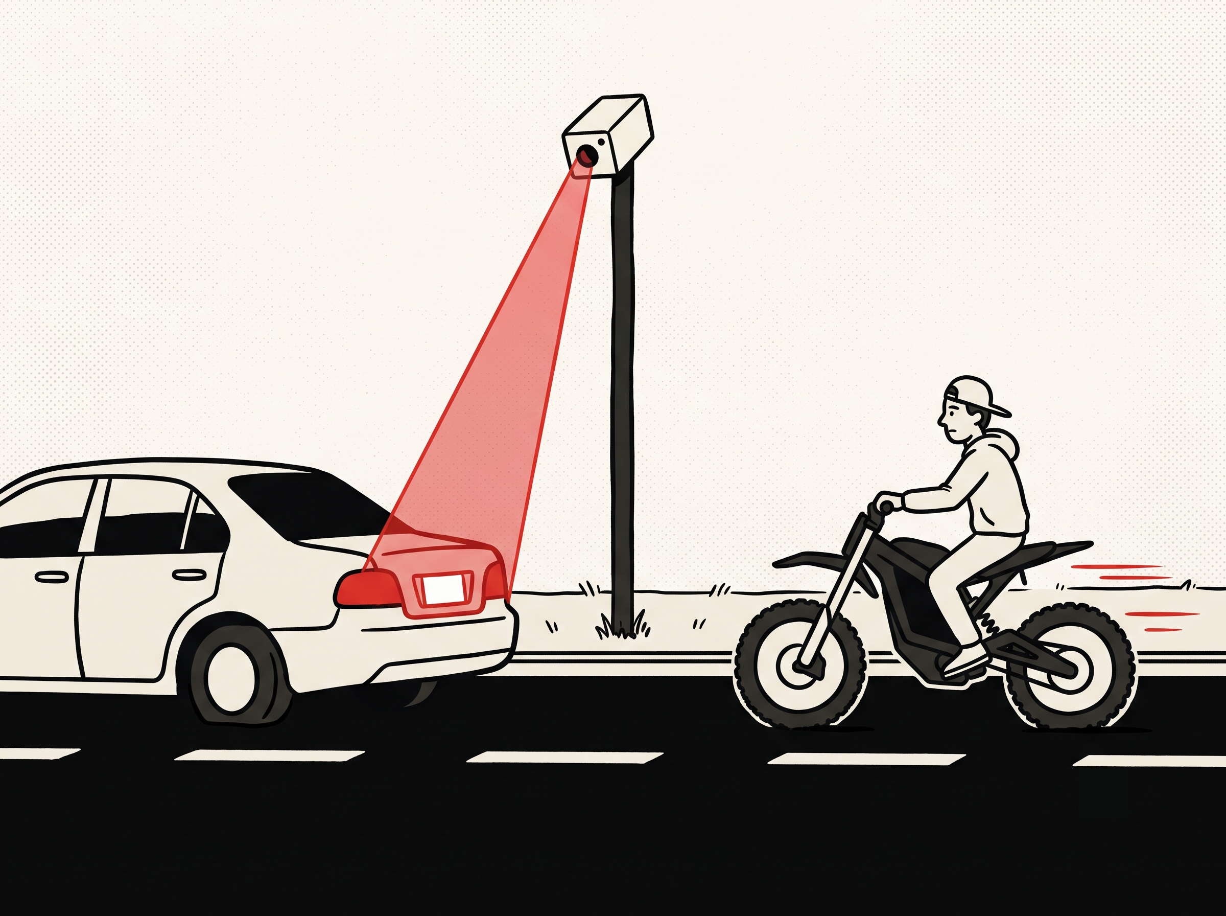 Cartoon of a license plate camera scanning a car while a plateless e-bike slips past unseen