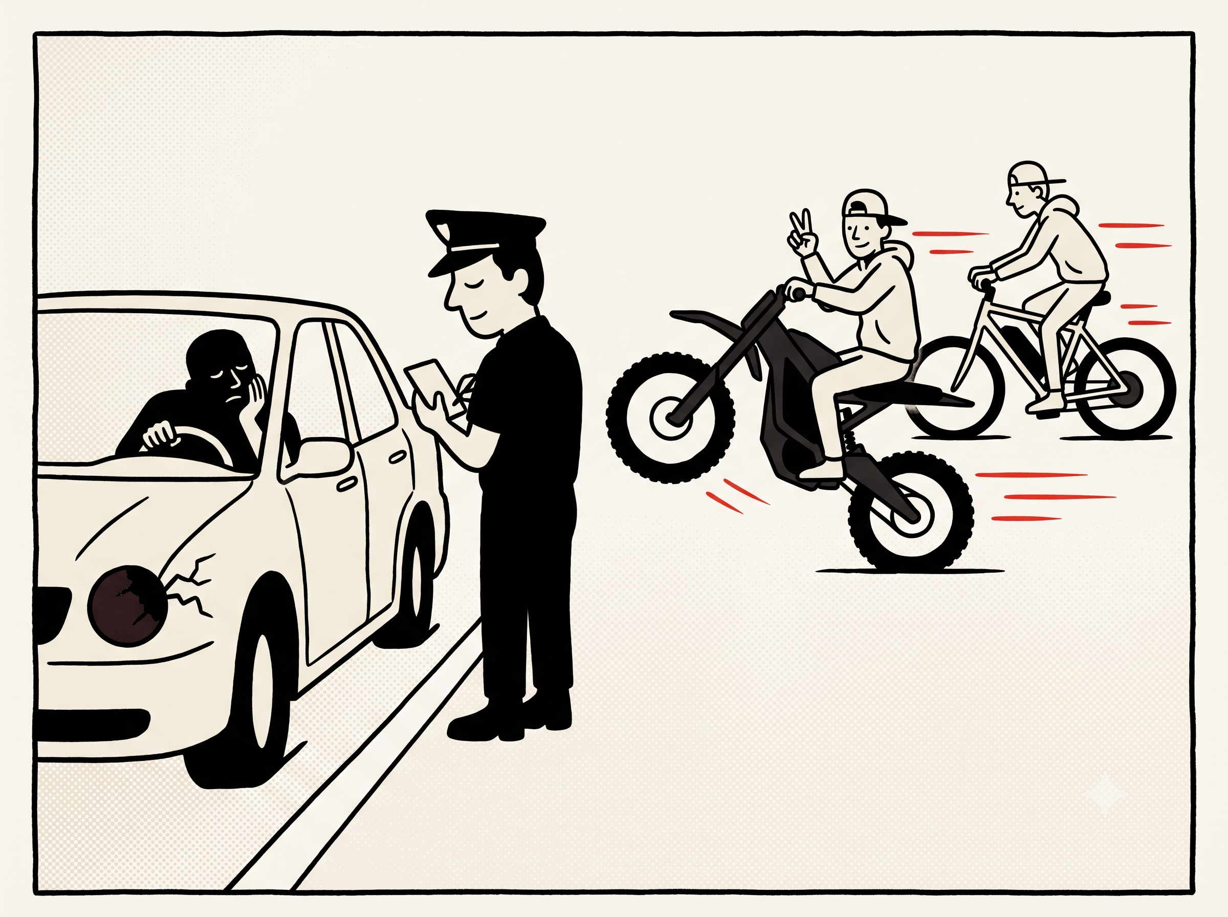Cartoon of a cop ticketing a car with a dead headlight while kids wheelie past behind him