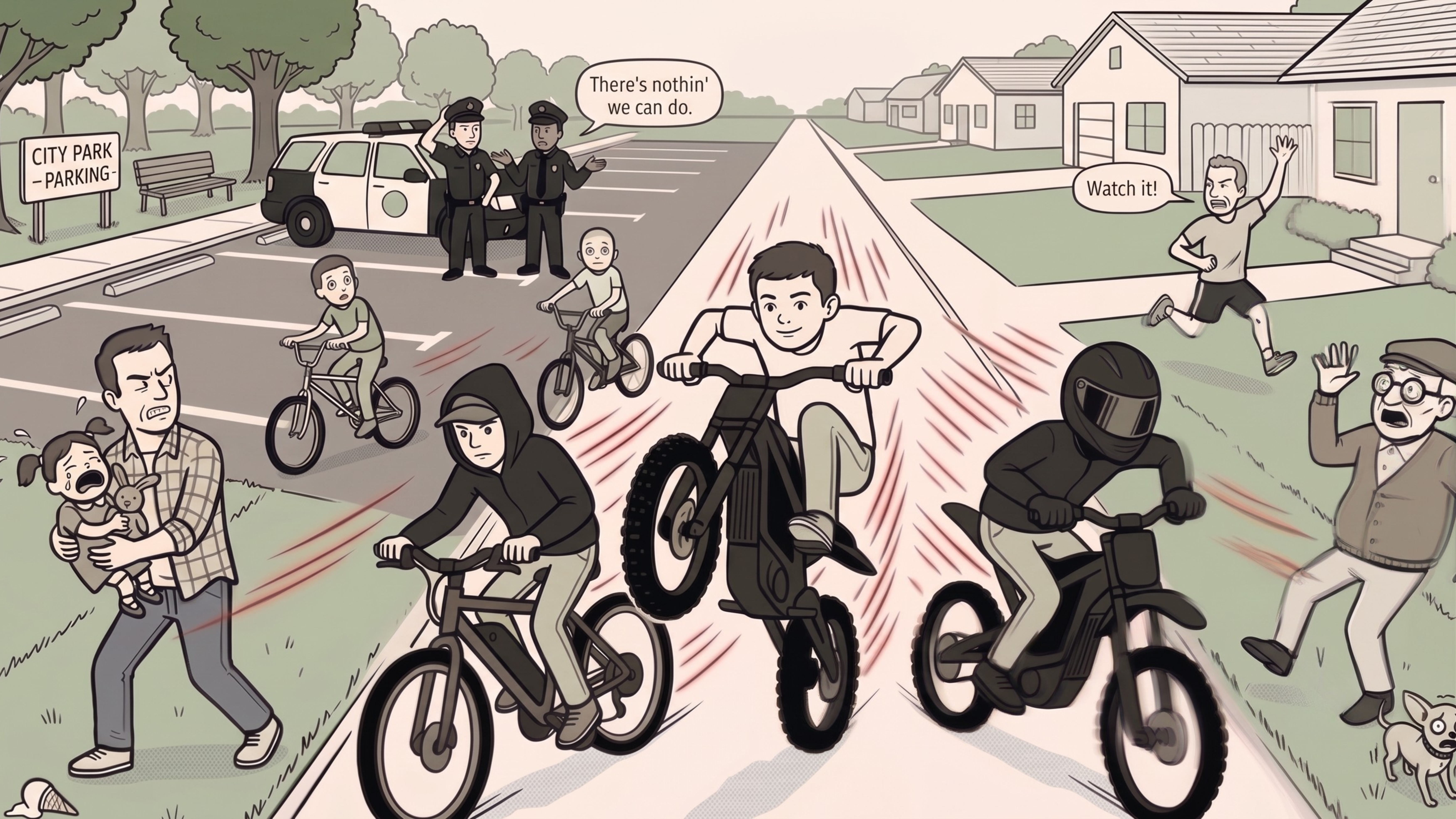 Cartoon of the pack taking over a suburban street: cyclists forced onto the grass, a jogger leaping clear, an old man and his chihuahua in a near miss, and two officers shrugging beside their cruiser