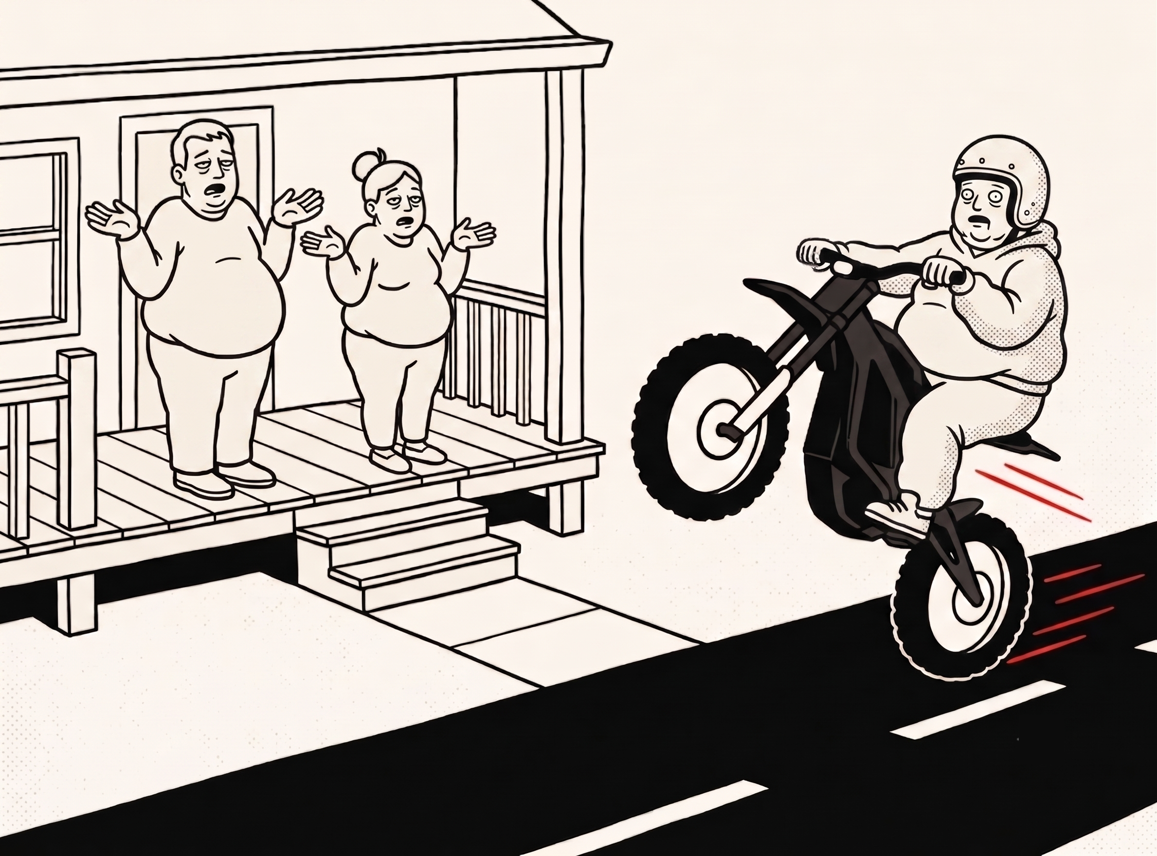 Cartoon of parents shrugging on their porch while their kid wheelies past on an e-bike