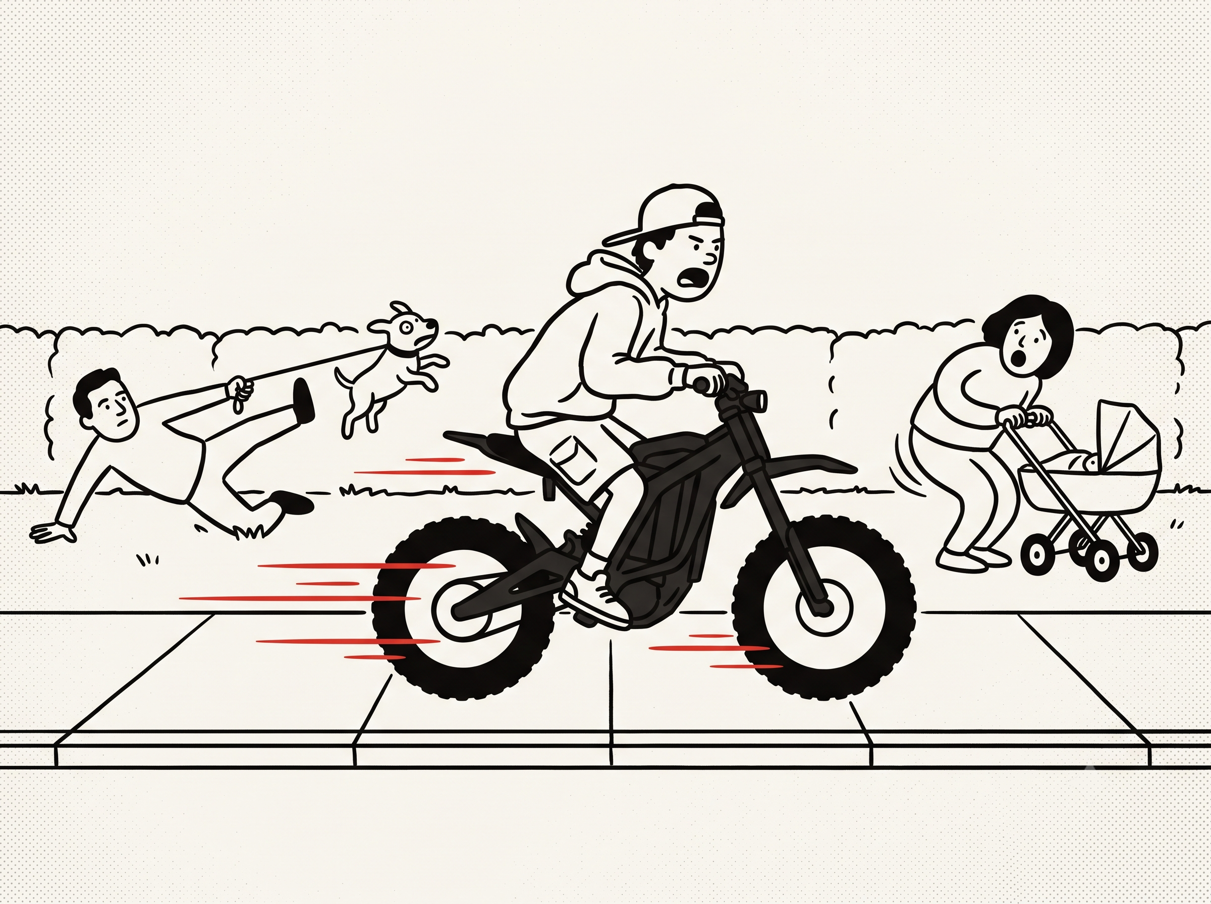 Cartoon of a dog walker and a parent with a stroller scattering as an e-bike rips down the sidewalk