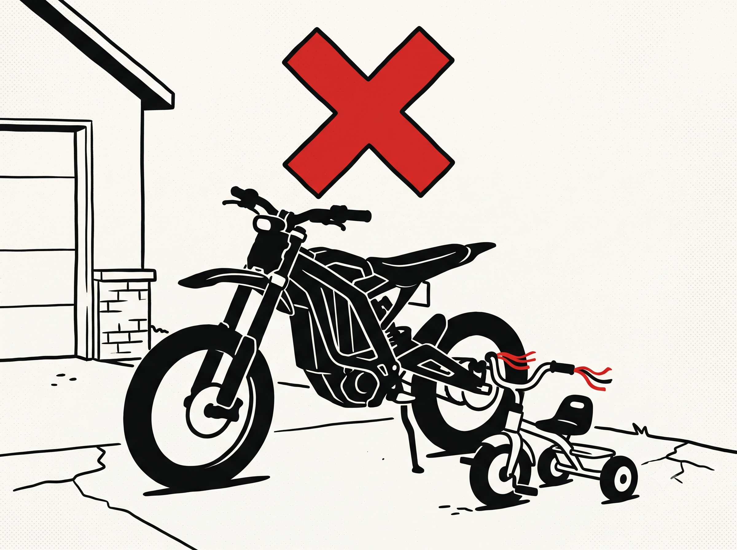 Cartoon of a tiny kid dwarfed by a huge electric dirt bike with a big red X overhead