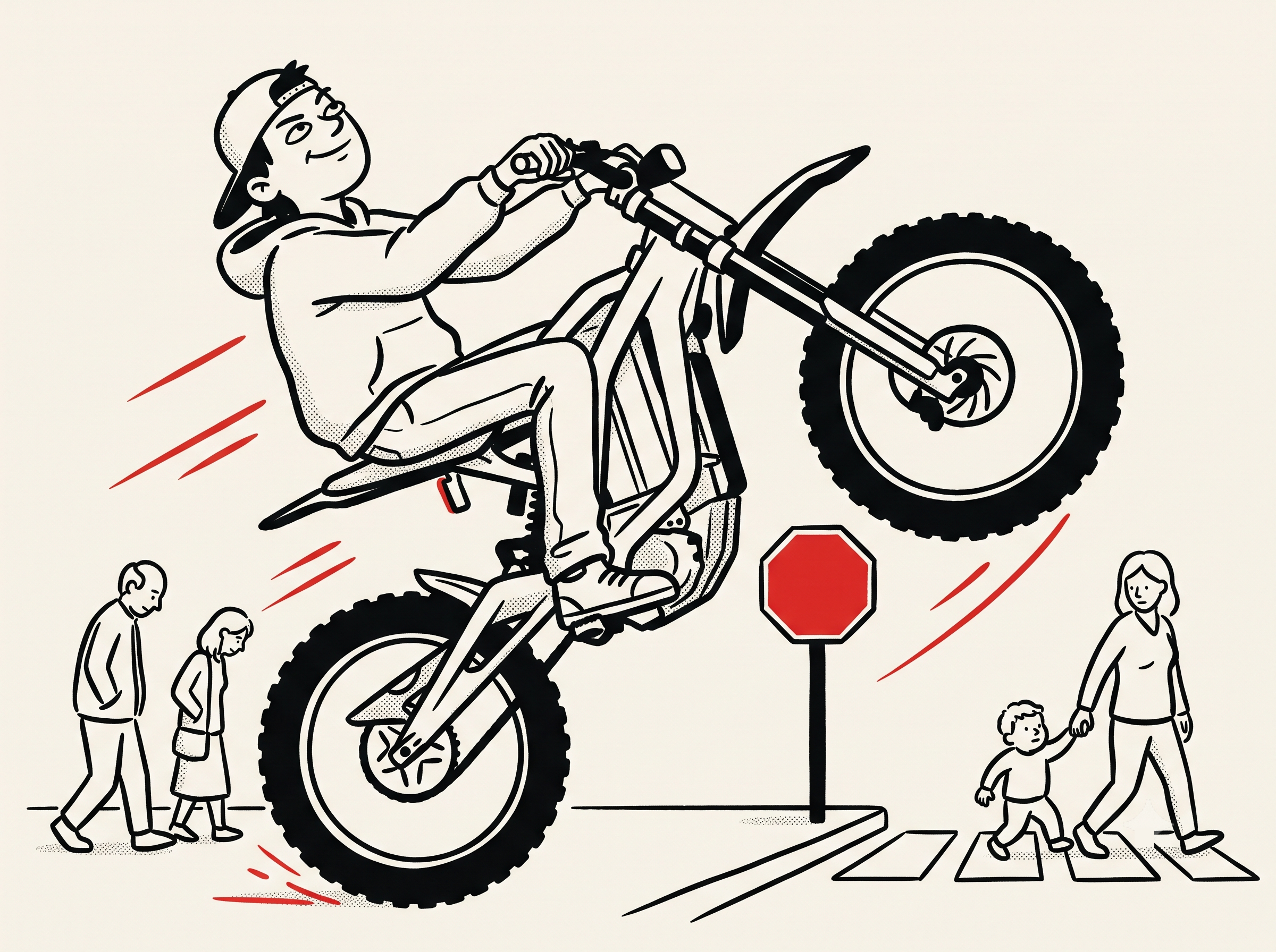 Cartoon of a kid doing a wheelie on an e-bike, blind to the crossing ahead of him